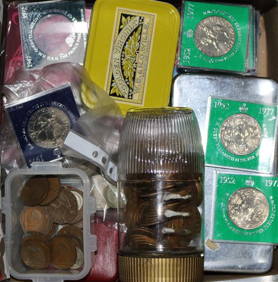 An album of coins and other loose coins including Queen Elizabeth ! shilling and sixpence and 18th century copper coinage
